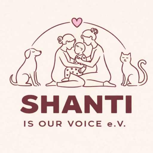 Logo von Shanti is our Voice e.V.: Familie mit Hund, Katze und Herz als Linienzeichnung